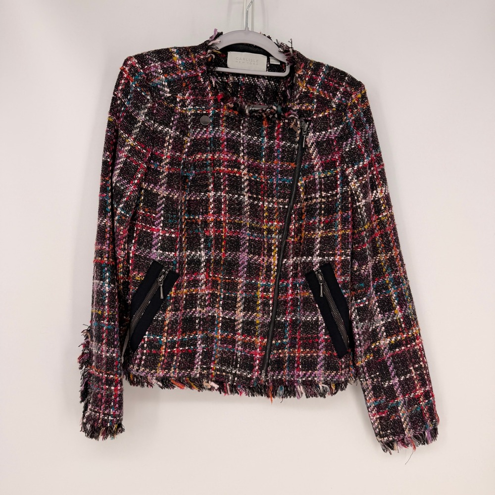 Carlisle New York Moto Jacket Womens 8 Multi Color Tweed Fringe Plaid Zip Office